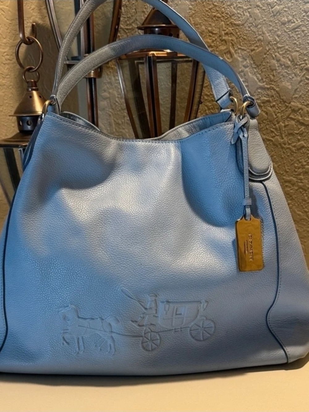 Coach Light Blue Leather Shoulder Bag with Gold Tag